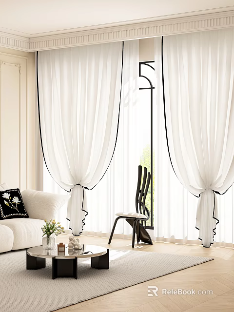 Elegant White Curtains With Black Trim In Bright Living Room With Sunlight 3d model 