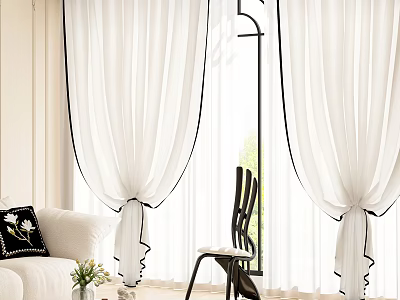 Elegant White Curtains With Black Trim In Bright Living Room With Sunlight 3d model