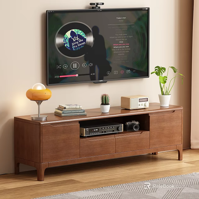 Wooden TV Stand Featuring Table Lamp Stacked Books Small Cactus Radio and Camera 3d model 