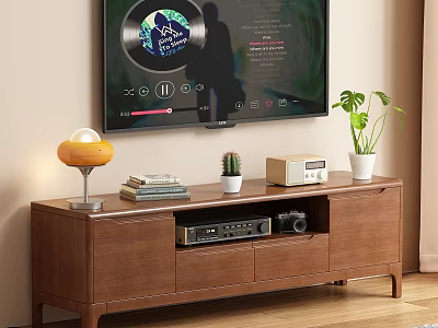 Wooden TV Stand Featuring Table Lamp Stacked Books Small Cactus Radio and Camera 3d model