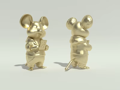 Golden Mouse Figurines Standing and Holding Cards in Decorative Design 3d model