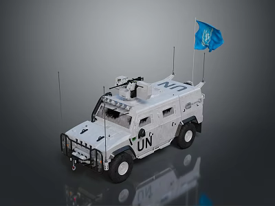 UN Armored Vehicle With Mounted Weapon System Antennas Blue Flag And UN Logo 3d model