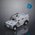UN Armored Vehicle With Mounted Weapon System Antennas Blue Flag And UN Logo