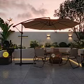 Cozy Outdoor Sofa Set With Large Parasol For Elegant Sunset Rooftop Patio Leisure Area