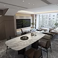 Modern Living and Dining Room Interior With Sofa Dining Table Large Windows And Area Rug