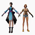 Animated Game Characters With Traditional Blue Black Outfit And Casual Denim Shorts Vest