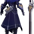 Fantasy Game Movie Character In Dark Blue Robe With Swords