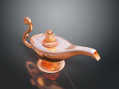 Golden Magic Lamp as Decorative Household Item with Curved Handle and Ornamental Base 3d model