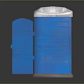 Blue Portable Toilet Interior Featuring Open Door White Roof And Black Bin