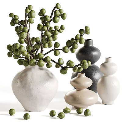 Neutral Colored Ceramic Vessels With Gourd Shaped Design And Green Berry Branches 3d model