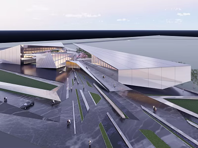 Striking Modern Sales Office Building Featuring Geometric Glass Facade Open Plaza And Pedestrian Walkway 3d model