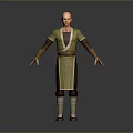 Bald Man in Long Sleeved Green and Brown Robe with Outstretched Arms on Gray Background