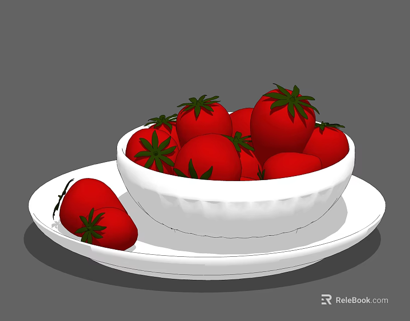 Fresh Red Strawberries in White Bowl Placed on White Plate with Extra Berries 3d model 
