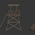 Military Defense Tower Structure With Metal Frame Platform And Stacked Sandbags
