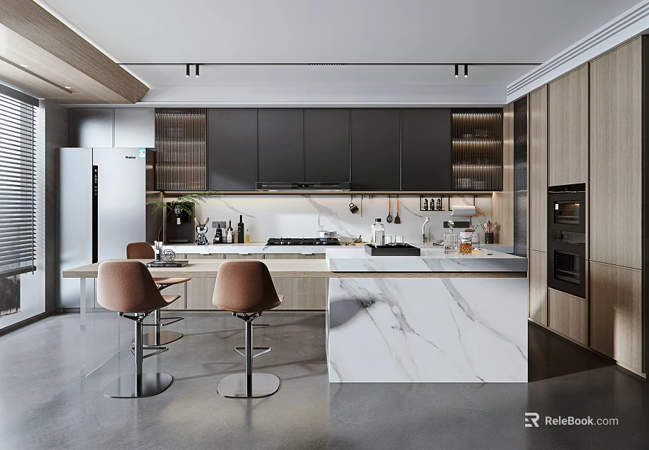 Modern Open Kitchen Interior With Marble Island Counter Bar Stools Cabinets And Appliances 3d model 