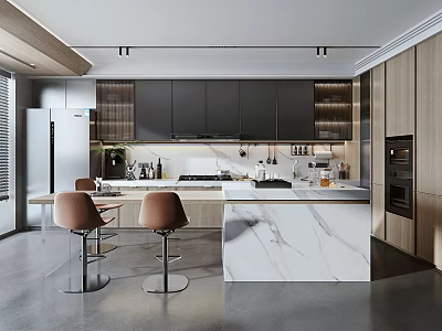 Modern Open Kitchen Interior With Marble Island Counter Bar Stools Cabinets And Appliances 3d model