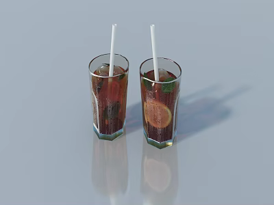Refreshing Iced Drinks in Glass Cups with Lemon Slices Ice Cubes and Straws 3d model