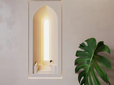 Modern Arch Design Wall Lamp With Warm Lighting On Minimalist Beige Wall And Monstera Leaf Decor 3d model