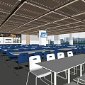 Spacious Dining Hall Interior With White Tables Blue Chairs Ceiling Lights And Digital Screens 3d model