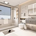 Modern Bathroom Interior With Glass Shower Partition Toilet Vanity Marble Countertop And Large Mirror