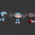Three Cartoon Dolls With Blue Gray Bodies Antler Decorations And Red Feet