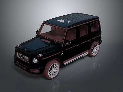 Black SUV With Mercedes Style Front Roof Rack White Wheels Red Trim And Brown Interior 3d model