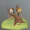 Two Small Tree Houses with Wooden Stairs Platform and Blue Yellow Exteriors