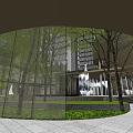 Modern Sales Office Building Featuring Glass Curtain Walls Green Plants And High Rise Residential Background