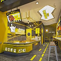 Modern Fast Food Shop in Mall with Yellow Counter Menu Boards and Seats