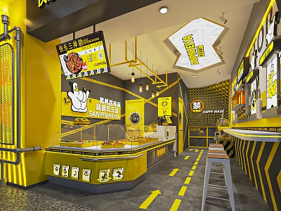 Modern Fast Food Shop in Mall with Yellow Counter Menu Boards and Seats 3d model