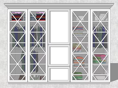 Modern White Wardrobe With Grid Glass Doors Hanging And Folded Clothes Storage Space 3d model