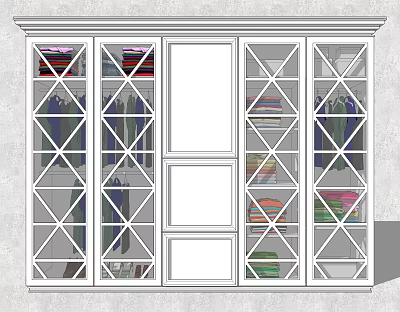 Modern White Wardrobe With Grid Glass Doors Hanging And Folded Clothes Storage Space 3d model