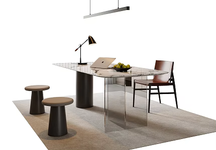 Modern Italian Desk and Chair Combination Modern Desk and Chair Acrylic Desk Study Chandelier Flat-shaped Chandelier Desk Decoration Fruit Table Lamp Stool Leather Single 3d model