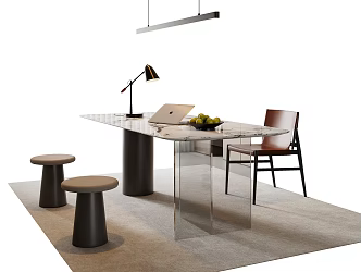 Modern Italian Desk and Chair Combination Modern Desk and Chair Acrylic Desk Study Chandelier Flat-shaped Chandelier Desk Decoration Fruit Table Lamp Stool Leather Single 3d model