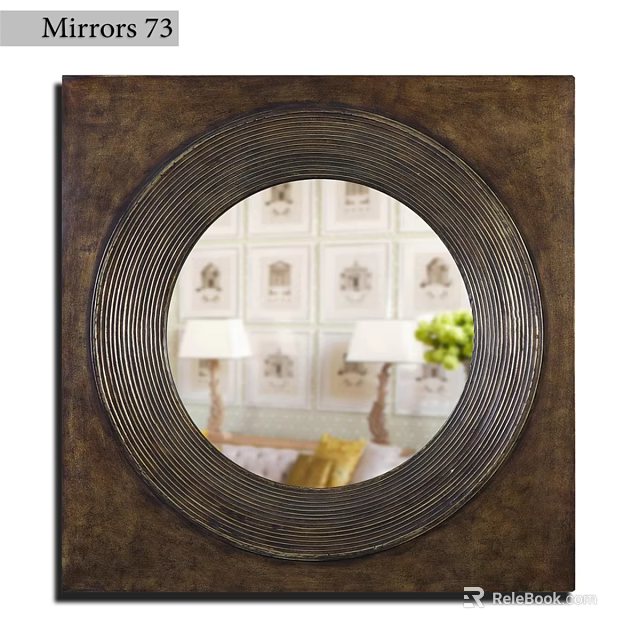 Round Mirror With Metallic Ring Frame Reflecting Wallpaper Table Lamps Green Plant And Pillows 3d model 