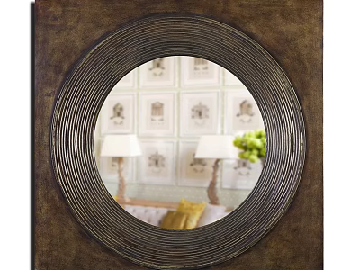 Round Mirror With Metallic Ring Frame Reflecting Wallpaper Table Lamps Green Plant And Pillows 3d model