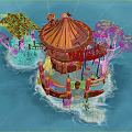 Vibrant Cartoon Scene Of Island With Wooden Building Colorful Roof And Water Platforms