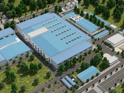 Modern Industrial Factory Complex Featuring Blue Roof Design Surrounding Greenery And Spacious Layout 3d model