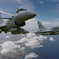 Two Military Fighter Jets Flying In Blue Sky With White Clouds Over Land And Ocean