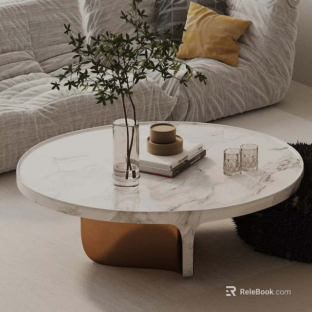 Light Gray Sofa and Round Marble Coffee Table Set with Yellow Cushion in Minimalist Interior 3d model 