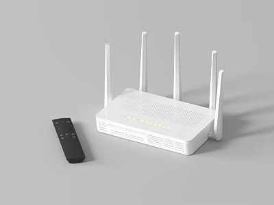 White Wireless Router With Multiple Antennas And Black Remote Control 3d model
