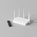 White Wireless Router With Multiple Antennas And Black Remote Control 3d model