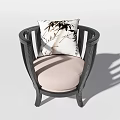 Dark Wooden Frame Armchair With Curved Armrests Light Pink Cushion And White Leaf Pattern Pillow