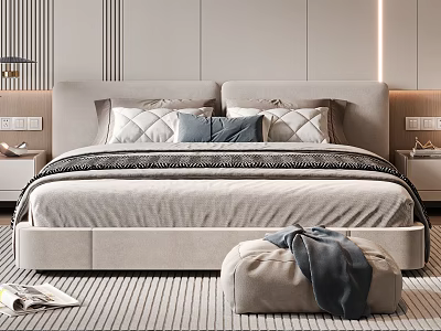 Cozy Modern Double Bed With Upholstered Headboard Pillows Ottoman And Soft Bedding 3d model