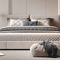 Cozy Modern Double Bed With Upholstered Headboard Pillows Ottoman And Soft Bedding