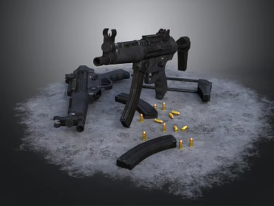 Tactical Weapons Including Two Black Guns With Bullets And Magazines On Snowy Ground 3d model