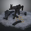 Tactical Weapons Including Two Black Guns With Bullets And Magazines On Snowy Ground