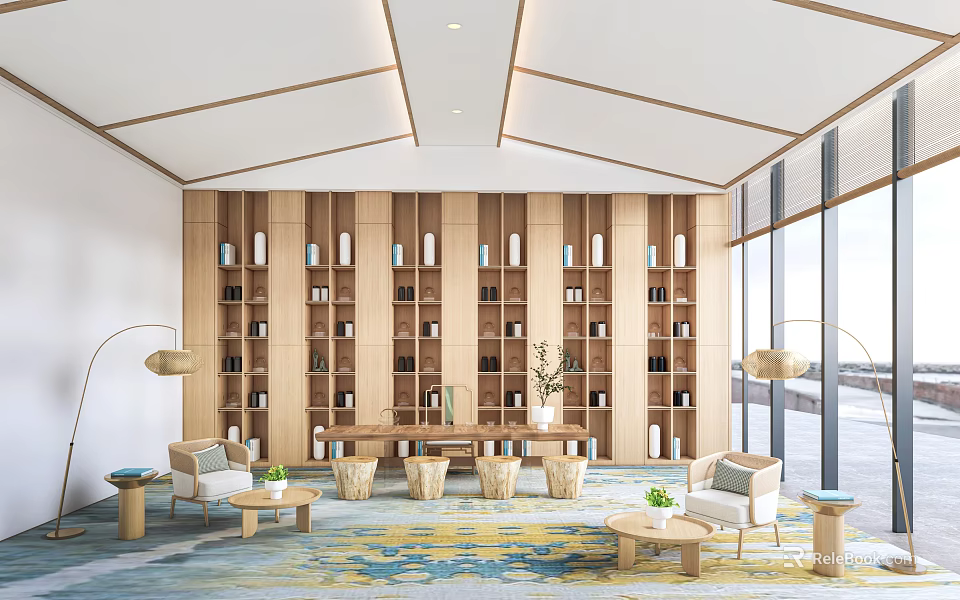 Modern Office Interior With Wooden Bookshelf Wall Comfortable Sofas Colorful Rug And Natural Light 3d model 