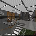 Modern Spacious Hotel Lobby Featuring Hanging Green Plants Motorcycle Display Shelving Units And Reception Counter