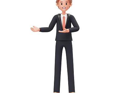 Smiling Man in Black Suit With White Shirt Red Tie and Open Hands 3d model